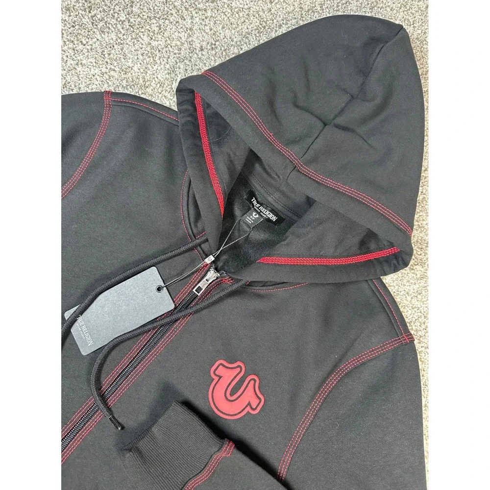 True Religion Mens TNL Puff Buddha Zip Hoodie Jet Black Red Stitch 701039 S